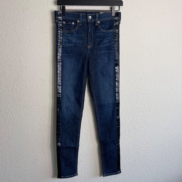 Rag & Bone High Rise Jeans Size 26 Blue Black Denim Stripe Down Side 5-Pocket - Picture 2 of 9